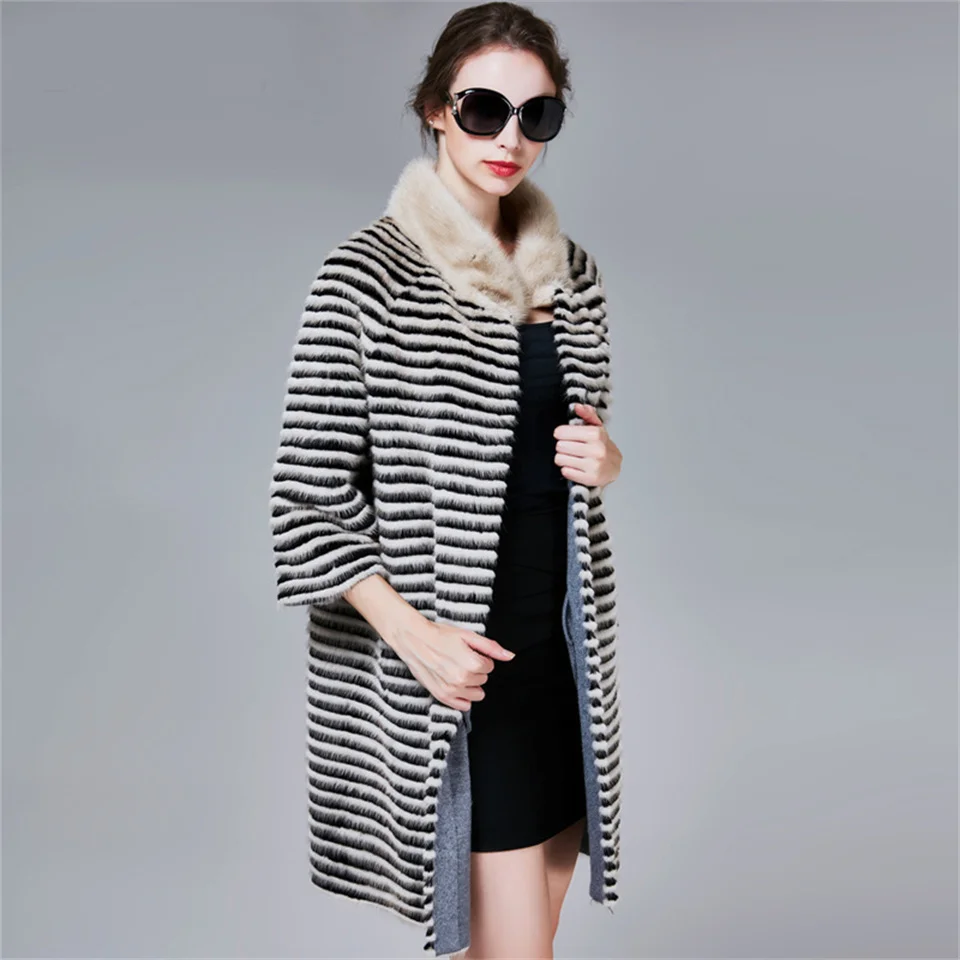 Women's Coat Long Standing Collar Black And White Striped Long Sleeve Jackets For Women Faux Mink Fur Coat