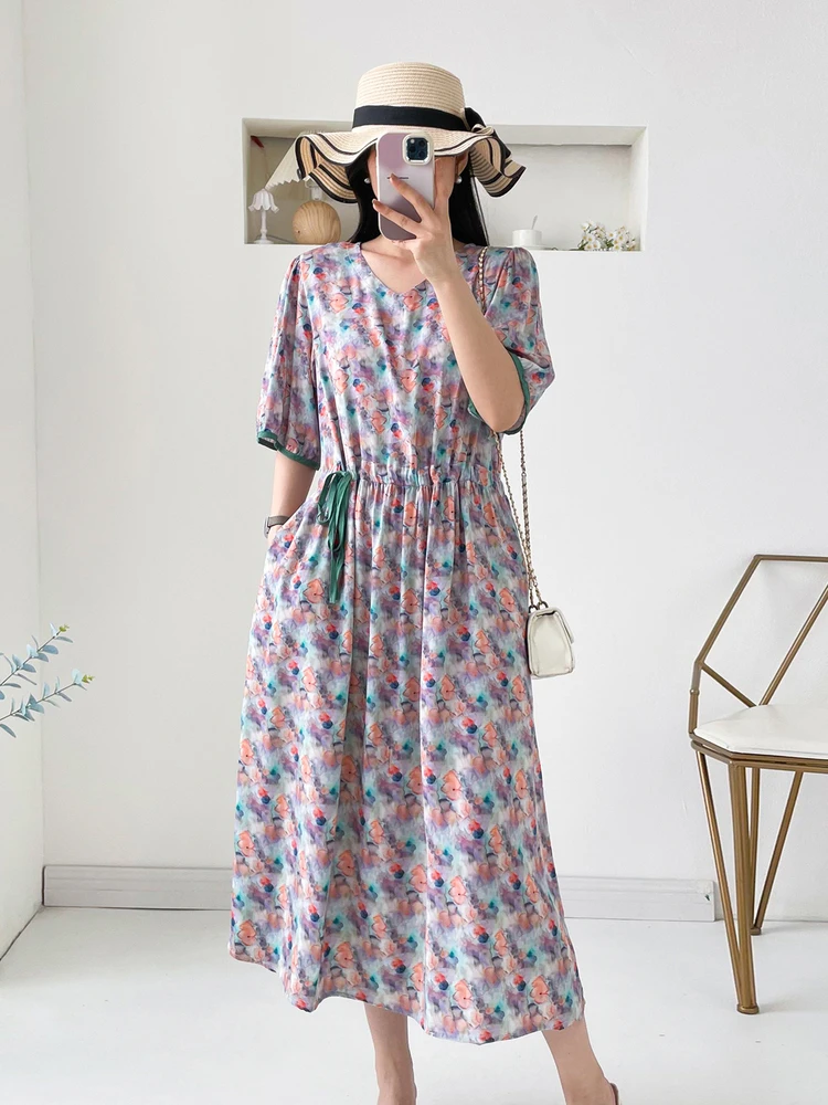 Summer New V-ne Slimming Large Size Artificial Silk Floral Print Dr Women's High Waist A-line Soft Breathable ort Sve