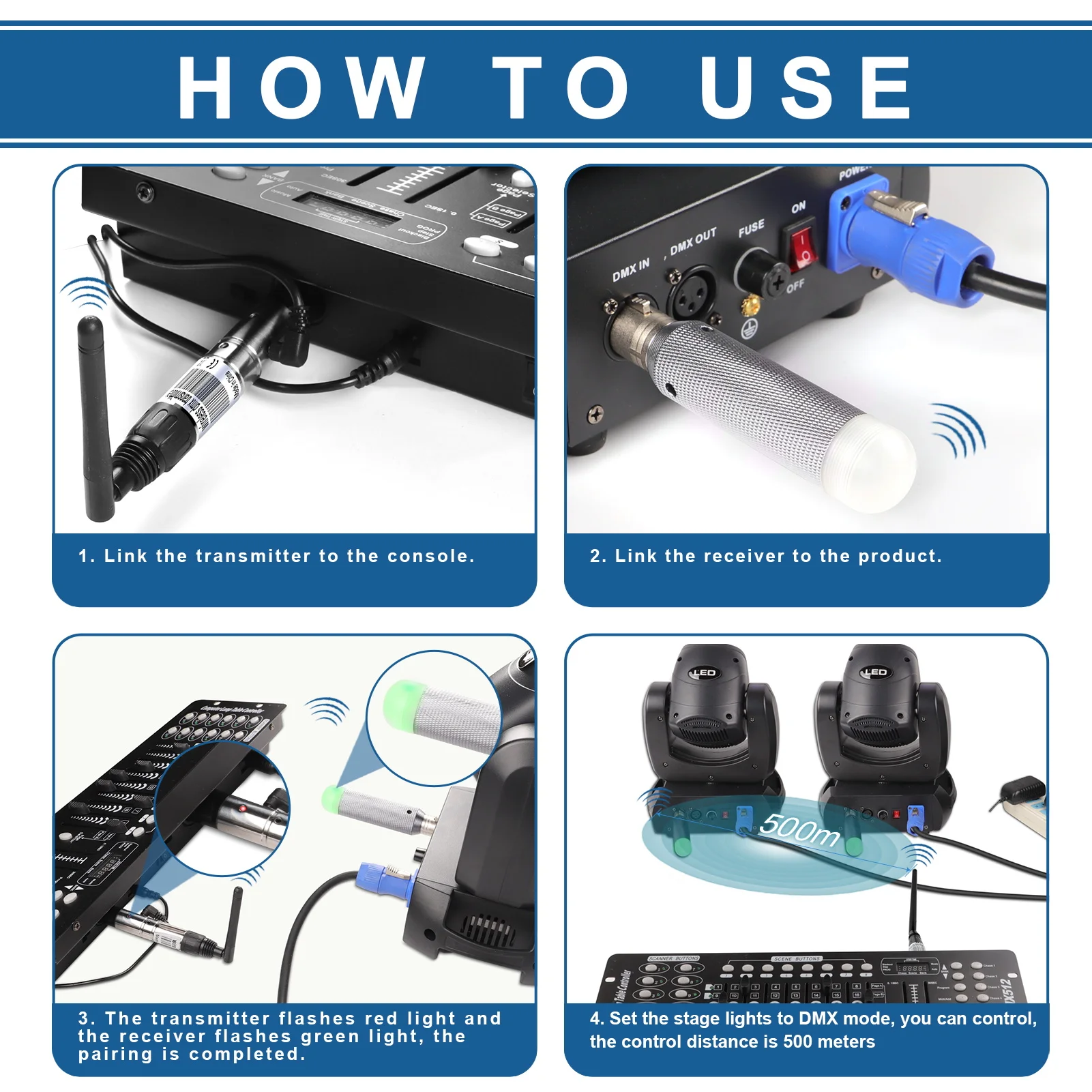 Fieryzeal 3×Rechargeable  and DMX512 Wireless Transmitter DMX512 Receiver 2.4G DMX Controller for Stage Lighting Control Bar