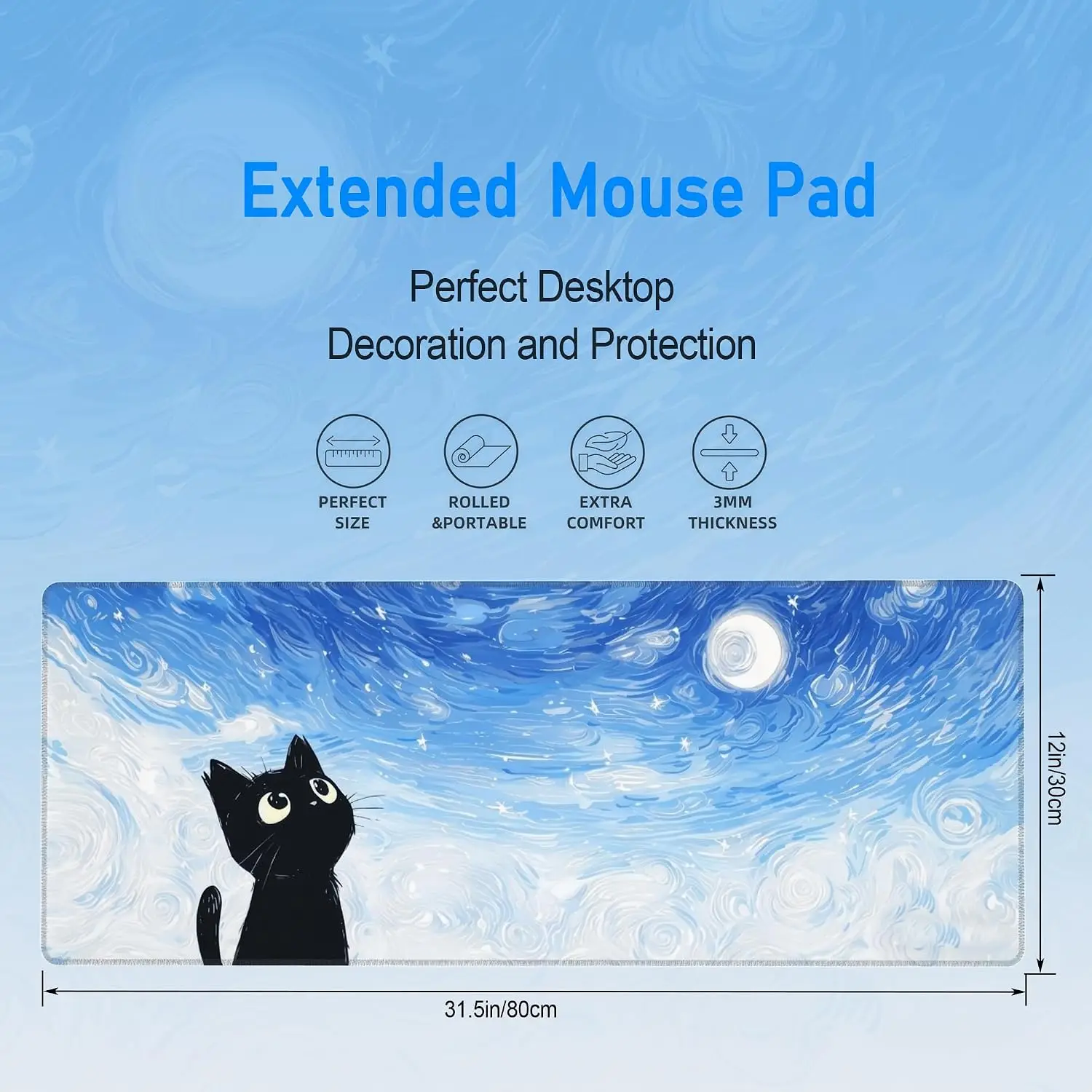 Cartoon Kitten Starry Night Mouse Pad, Soft Blue Swirl Moon Star Art Decor Pattern Non Slip Desk Mat for Gamers Office Home