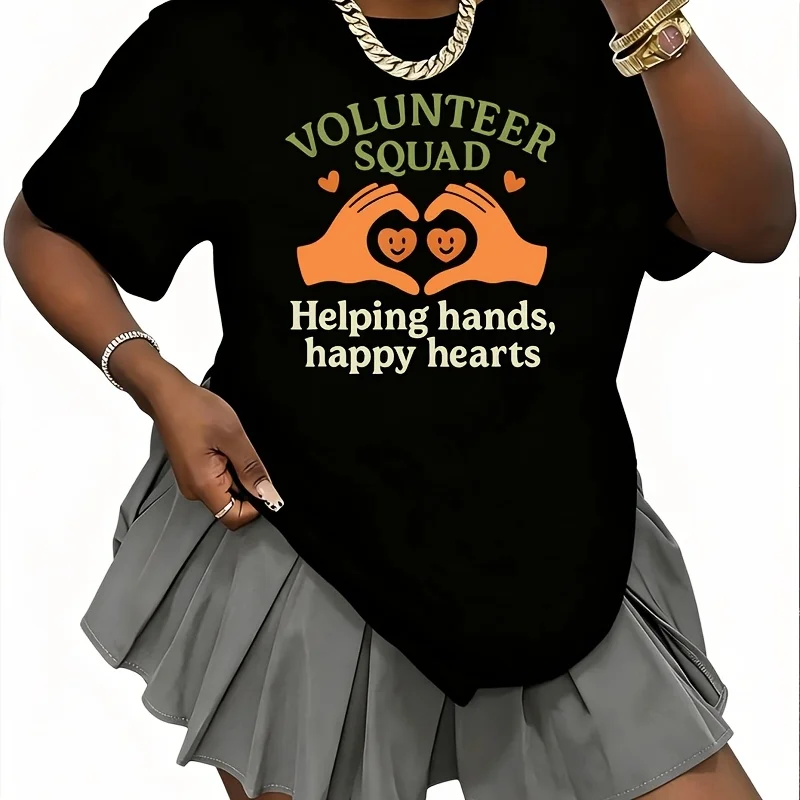 Volunteer Squad Helping Hands Happy Hearts Women's T-Shirt 100% Cotton Fun Print Short Sleeve Top Casual Round Neck Tee S-5Xl