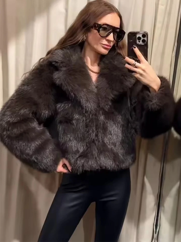 

Женская модная зимняя куртка из искусственного меха, винтажная теплая куртка с лацканами и длинными рукавами, пальто, женская шикарная повседневная верхняя одежда