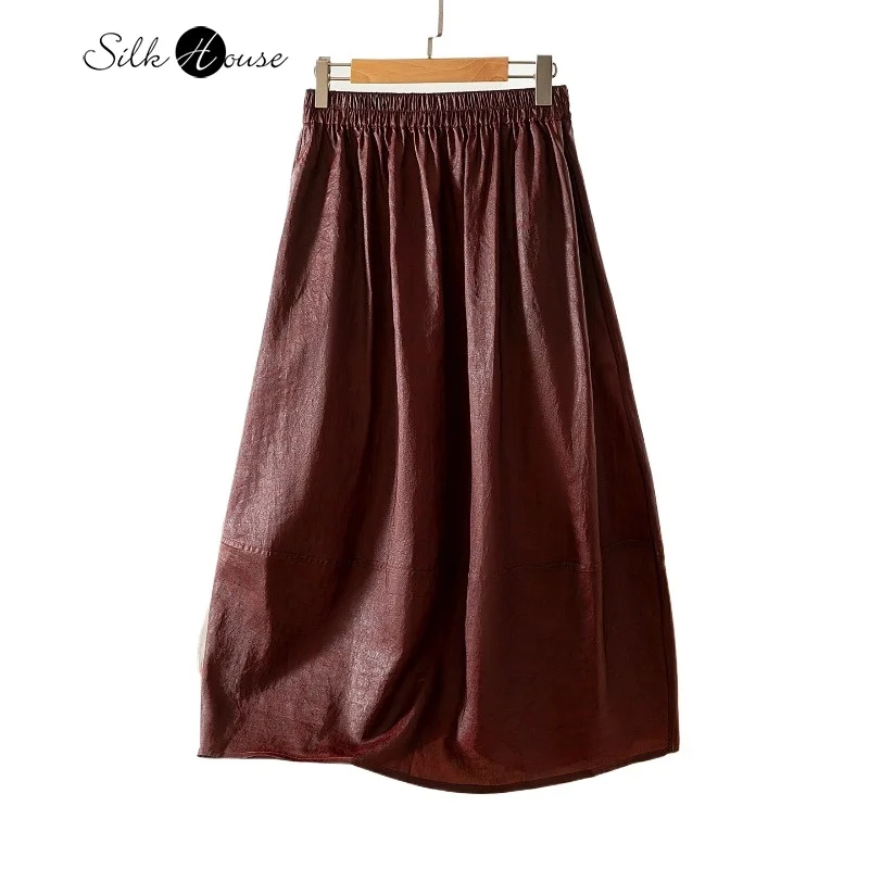 

2025 Women's Autumn New 100% Natural Mulberry Silk Red Cloud Yarn Turtle Crack Red Brown Cocoon Fashion Flower Bud Skirt