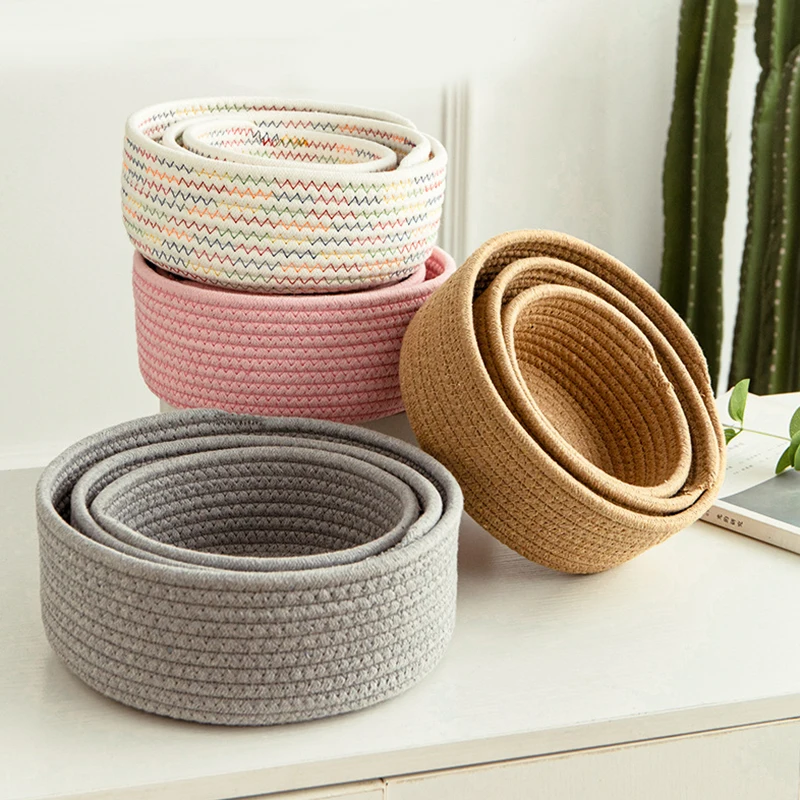 Cestas de algodón tejidas a mano, cesta de almacenamiento de artículos diversos de oficina, redonda y pequeña, grande, 1 unidad