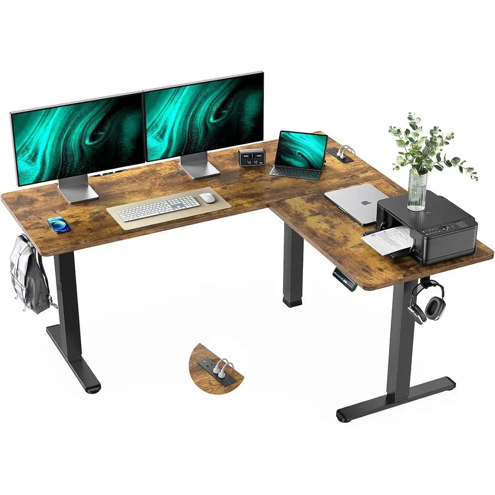 Ergonomic Rustic Electric L-Shaped Desk with 4-in-1 Outlet, P/E Hook, and Memory Functions for Home Office and Gaming