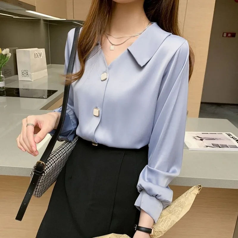 Blouses Women Trendy Chiffon Classy Casual Mujer Unique Aesthetic Solid All-match Lantern Sleeve Tender Baggy Blue Temperament