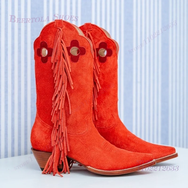 

Orange Red Suede Long Tassel Boots Women Denim Girls Floral Cutouts Booties White Leather Brown Gladiator Low Fretwork Heel Shoe