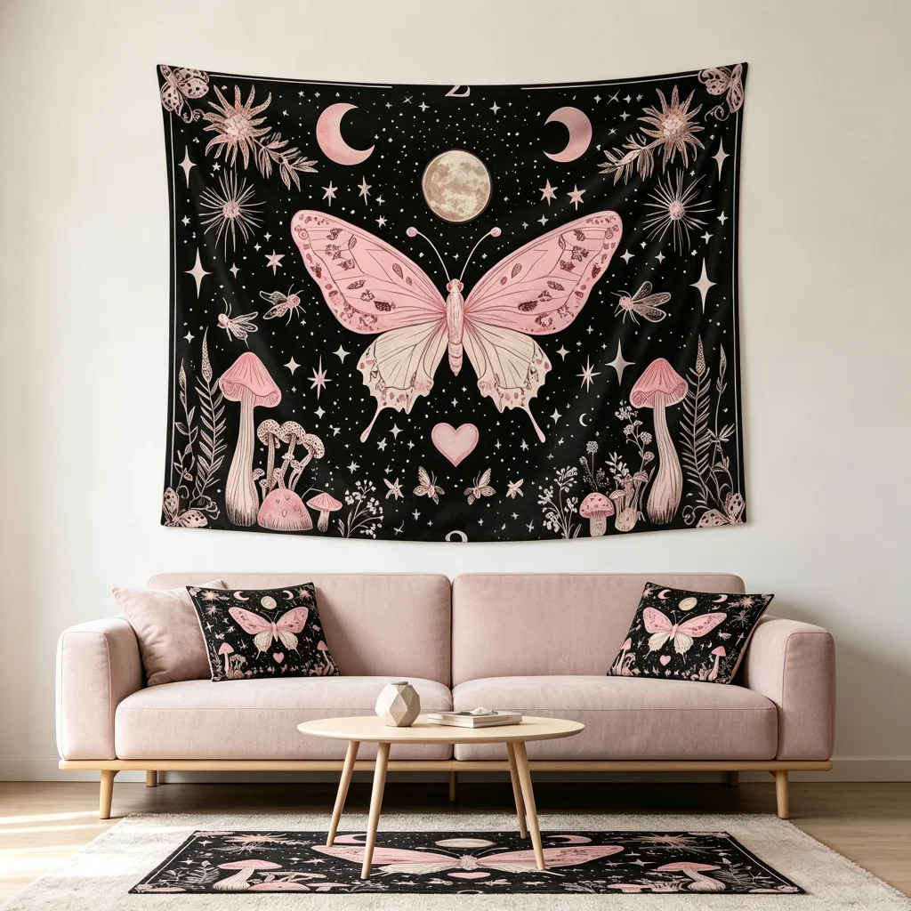 1PC Pink Butterfly Moon Art Print Backdrop Banner, Bedroom Living Room Photo Background, Polyester, Home Decor, Wall Art