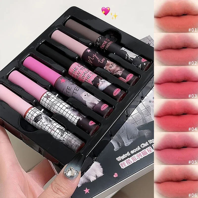 6 Stks/set Schattige Kat Spiegel Water Lipgloss Set Rode Tint Voor Lippen Make-Up Langdurige Glas Lip Glazuur Waterdichte Lippenstift Kit