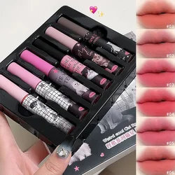 6Pcs/set Cute Cat Mirror Water Lip Gloss Set Red Tint for Lips Makeup Long Lasting Glass Lip Glaze Waterproof Lipstick Kit