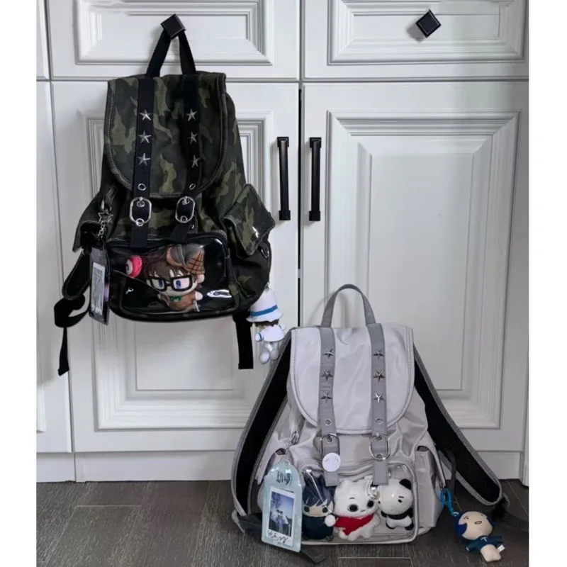 Star Striped Itabag Backpacks Y2K Korean Harajuku Functional Striped Zipper High Capacity Unisex Backpack Women's Handbag New