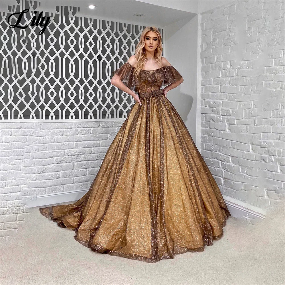 Lily Chocolate A Line Prom Dresses with Belt Glitter Off the Shoulder فساتين السهرة Sequin Pleat Sweep Train Party Dress