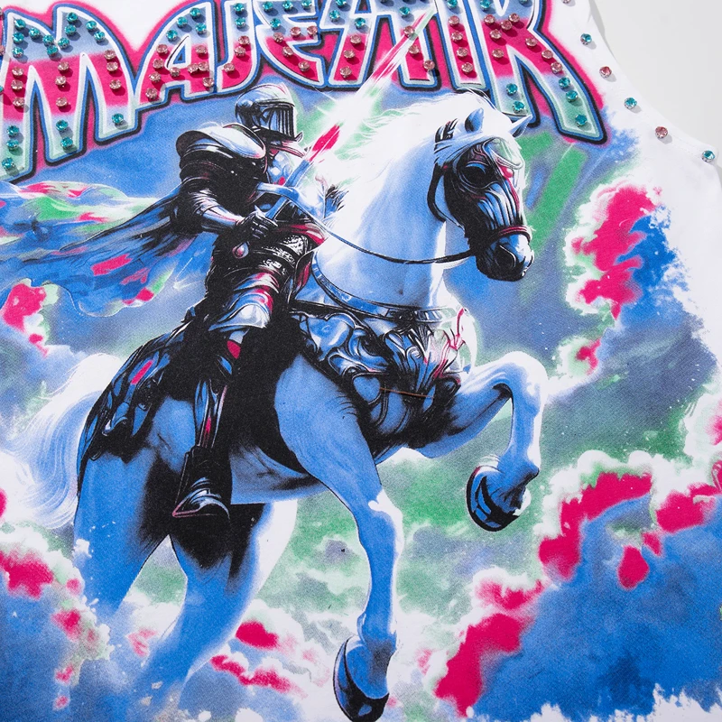 High Quality Rivet Collar Sleeveless Tank Top Knight Horse Graphic Majestik Y2K Vintage Streetwear MAJESTIK Vest