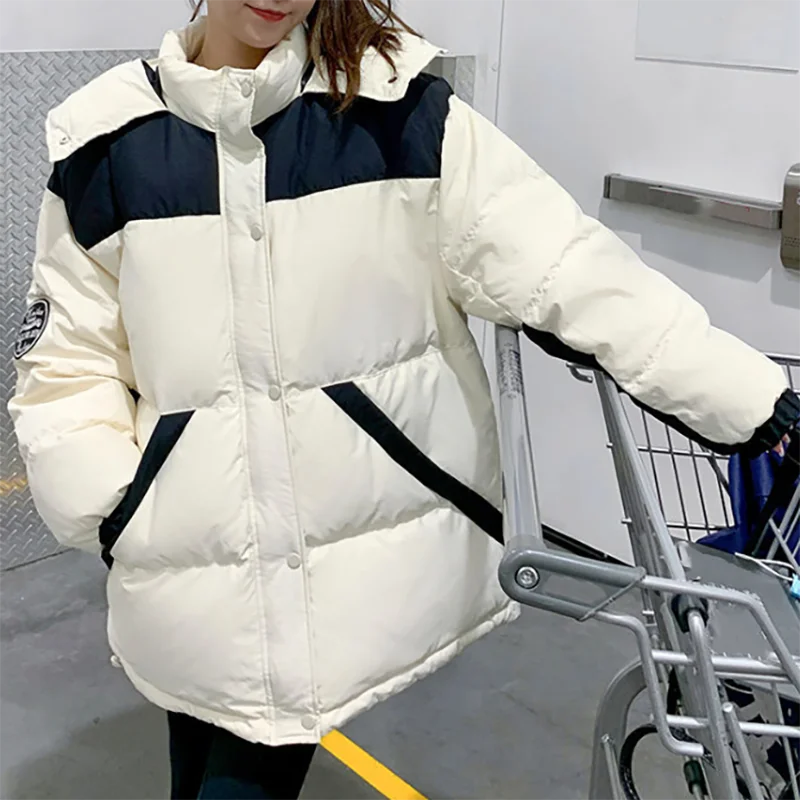 Elegant Female Thicken Bread Jacket Patchwork Color Hooded Stand Collar Parkas Winter Fashion Loose Casual Women Cotton Coat