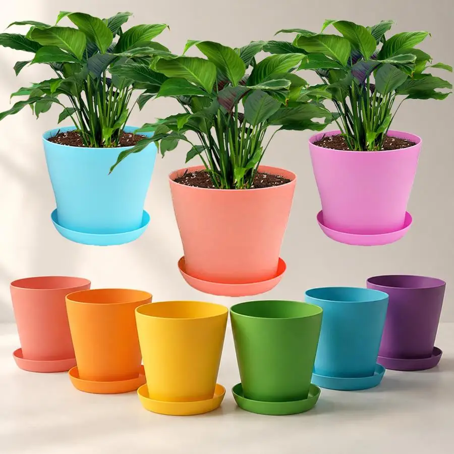 5/10pcs Plastic Plant Pots with Matching Tray, Portable Container Vases for Succulent, Herb, Seedling, Home Windowsill Decor XJM