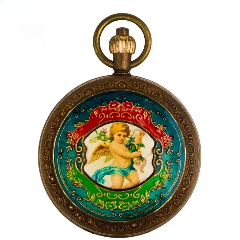 Sun, Moon and Stars Movement Bronze Angel Double Open Flip Manual Mechanical Pocket Watch Antique Memorial Treasure Old Man