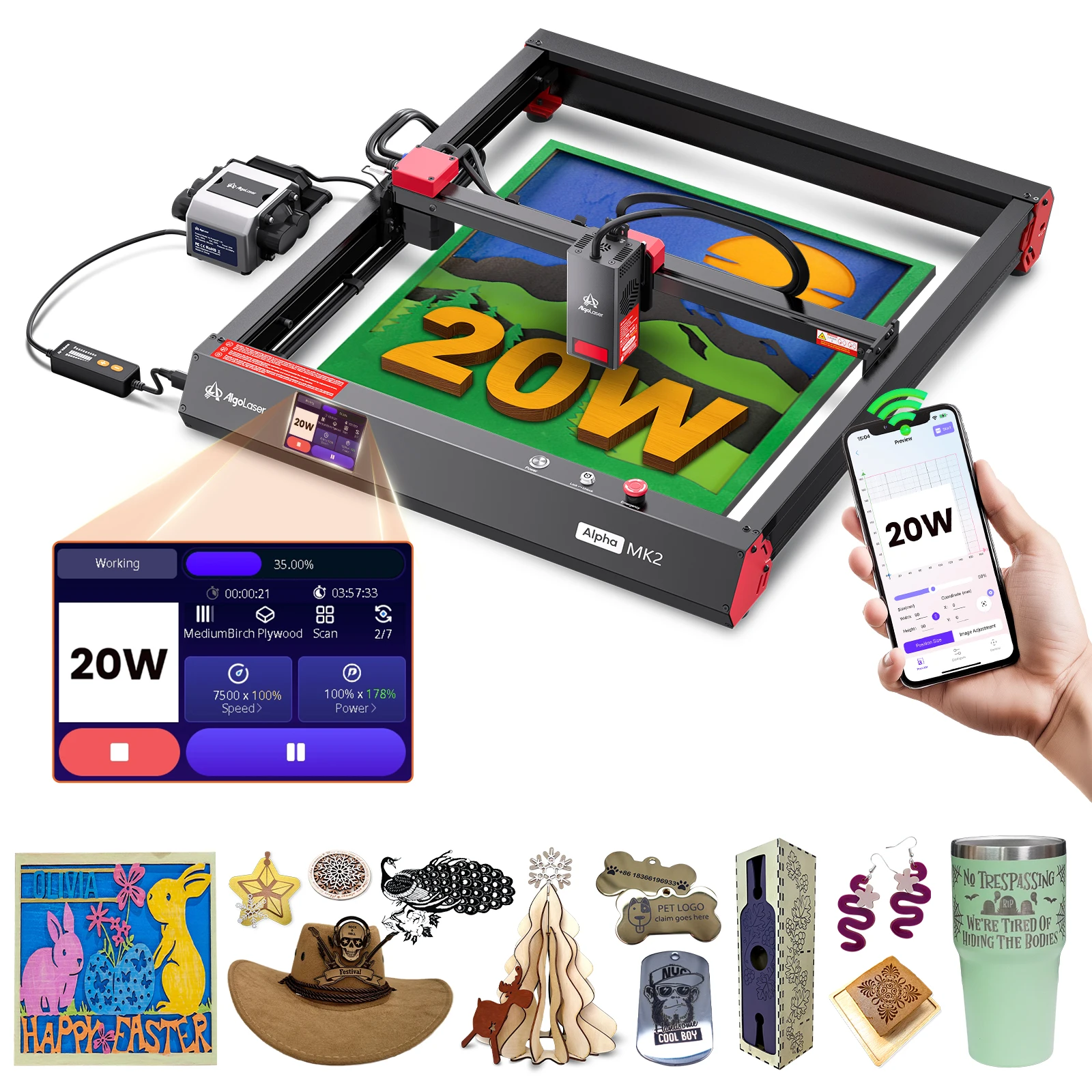 AlgoLaser Alpha MK2 20W Macchina per incisore laser Macchina per incisione laser per affari Logo fai da te Metallo Legno Vetro Acrilico
