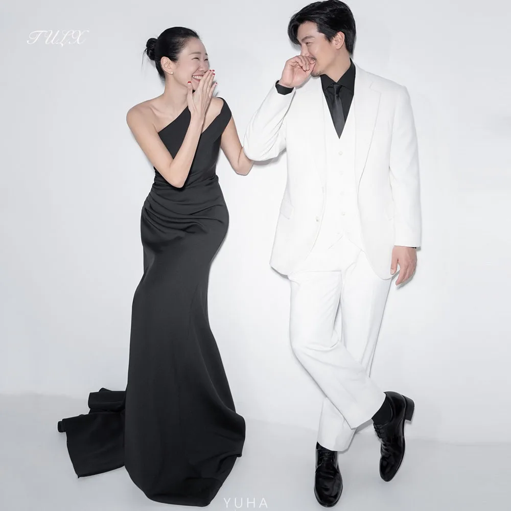 TULX robe de soirée sirène élégante corée séance Photo de mariage une épaule Satin noir longue robe de soirée de mariée Corset personnalisé