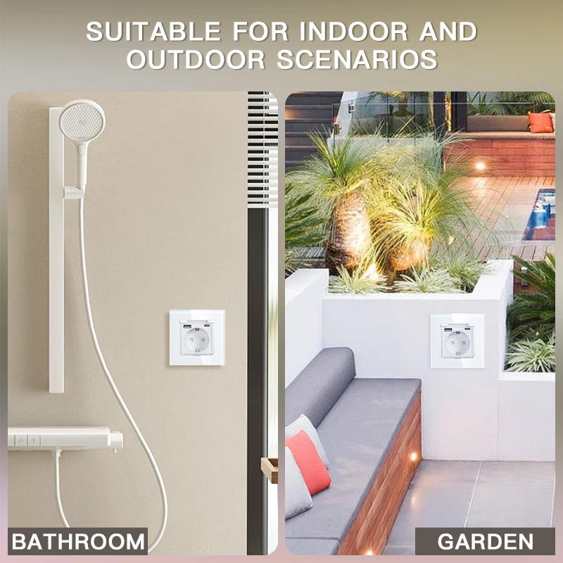 BSEED Single EU Wall Socket USB Type-c Ports Double Waterproof Cover Bathroom Power Sockets Triple Glass Electric Outlets 16A