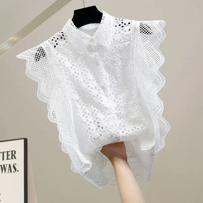 Hollow Out Lace Blouses Women Tops Solid Vintage Ruffles Korean Fashion Blusas Mujer Spring Summer Elegant Shirts