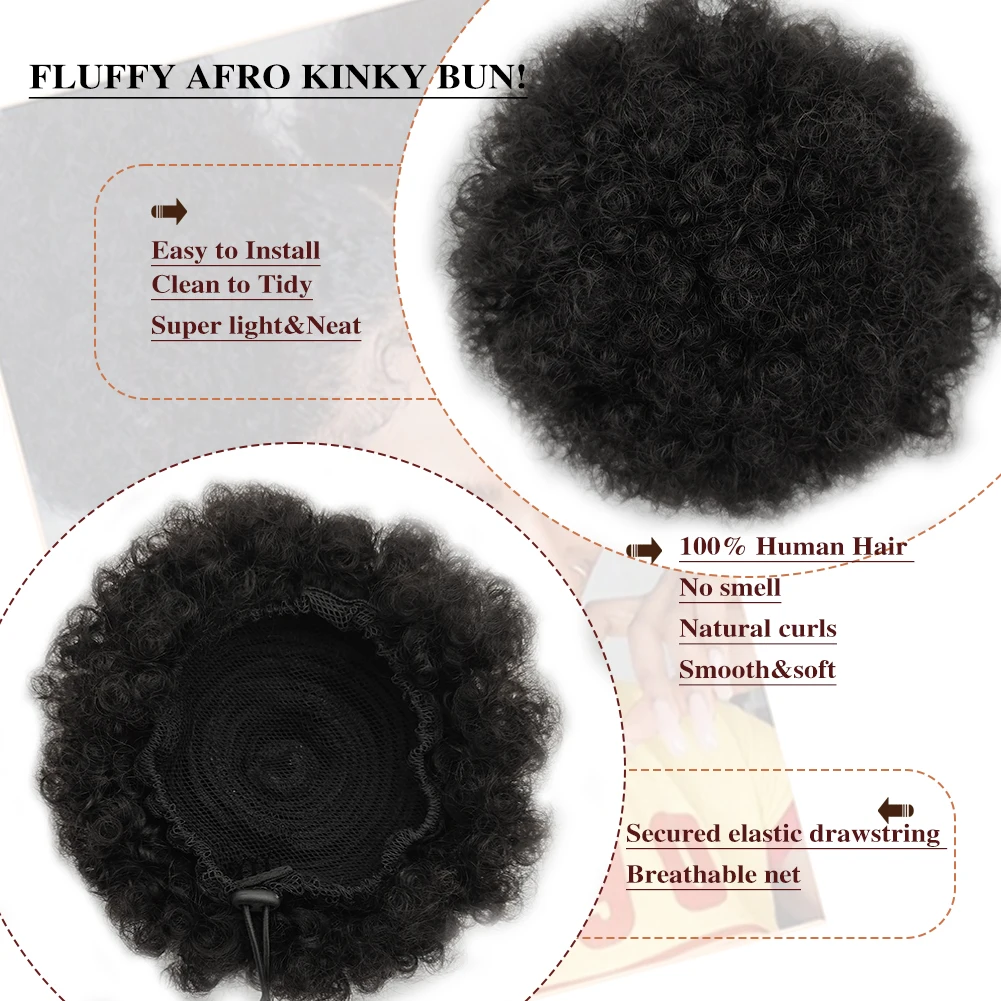 Ekstensi ekor kuda dengan tali serut Afro Puff untuk wanita warna hitam 100% rambut manusia jepit pada ekor kuda keriting keriting tahan lama lembut alami