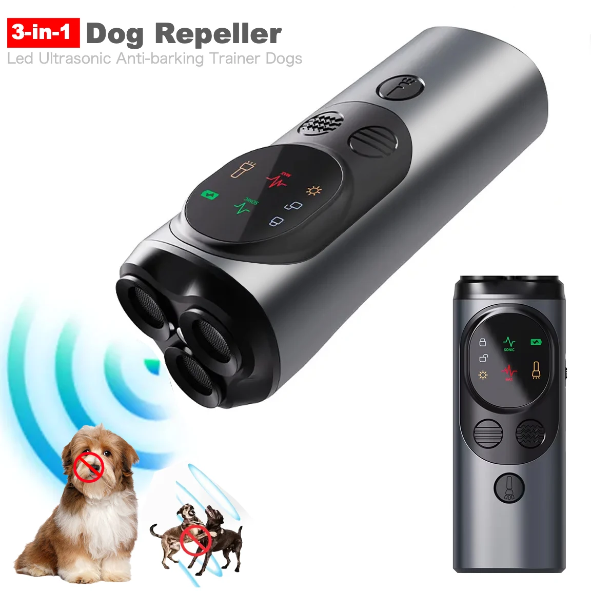 

4 in 1 High Power Ultrasonic Dog Trainer Repeller Puppy Anti-bark Training Control Device W/ Led Light Long Standby Dog Supplies
