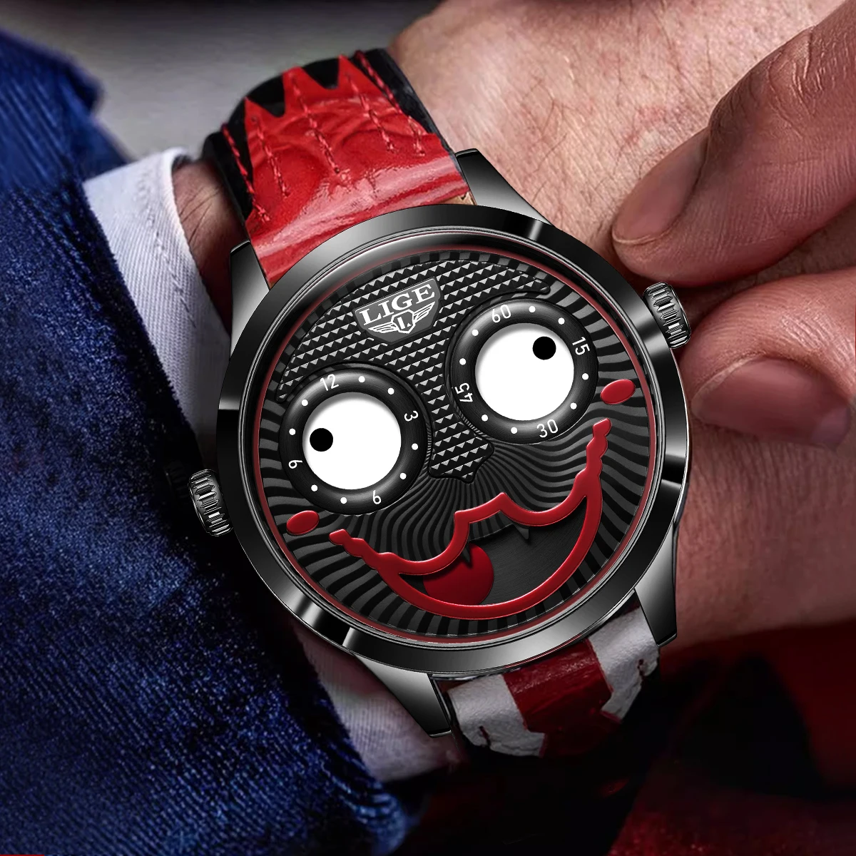 LIGE Cool Joker Watch Men Classic Men's Clown Watches Fashion Leather Strap Waterproof Quartz Wristwatches For Men Reloj Hombre view 5