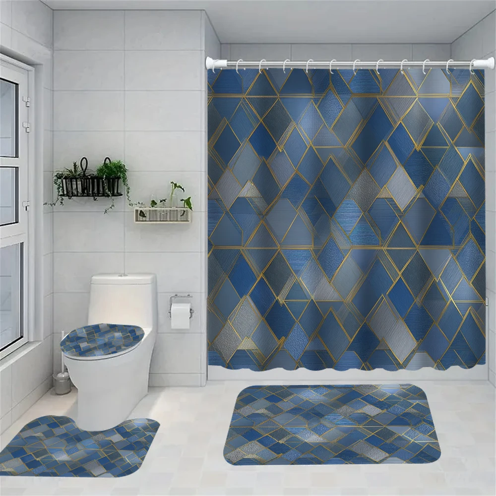 4-piece set of geometric diamond pattern bathroom decoration, including shower curtain, bath mat, U-shaped floor mat