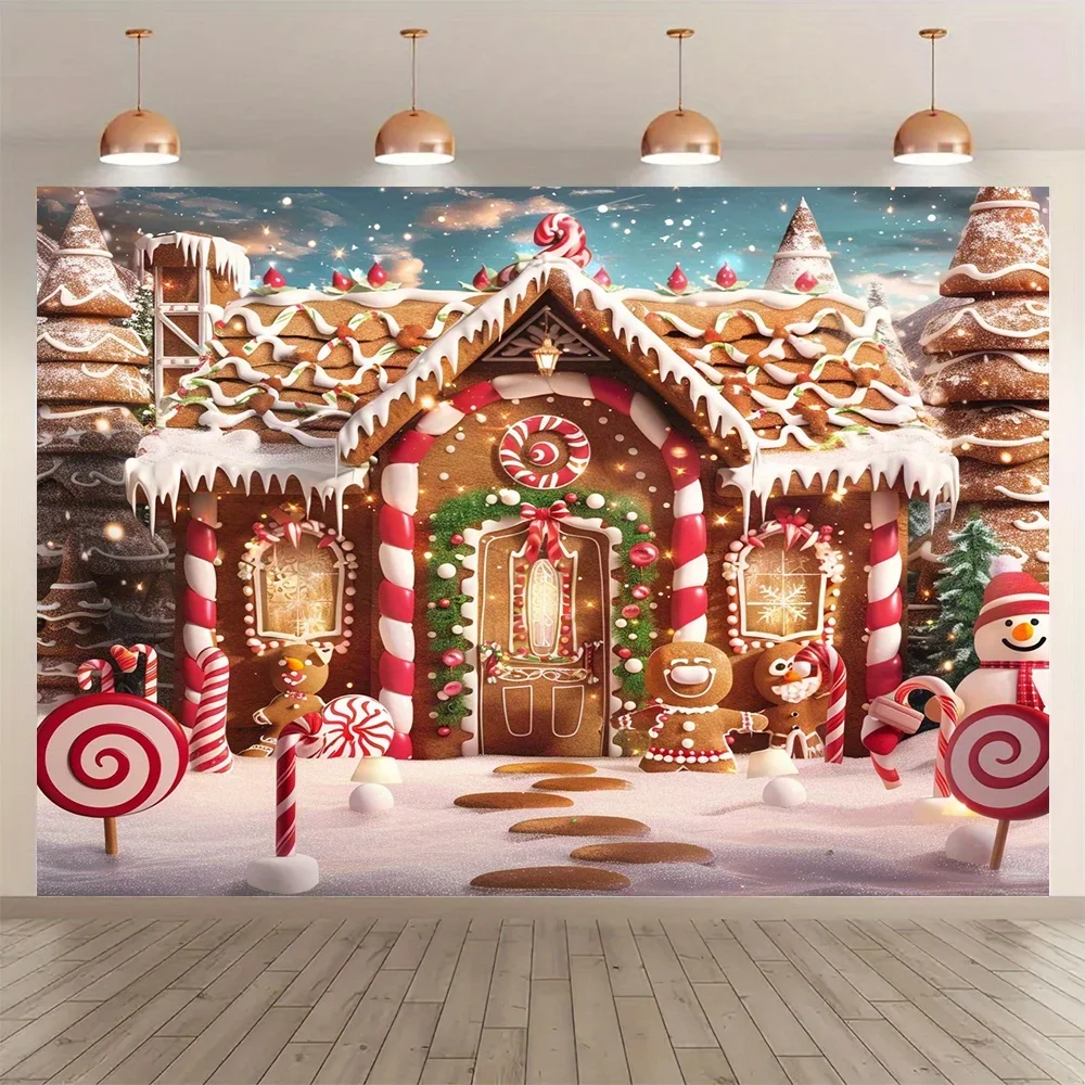 Merry Christmas Gingerbread House and Snow Tree Background Cloth - Indoor and Outdoor Photography Background Banner