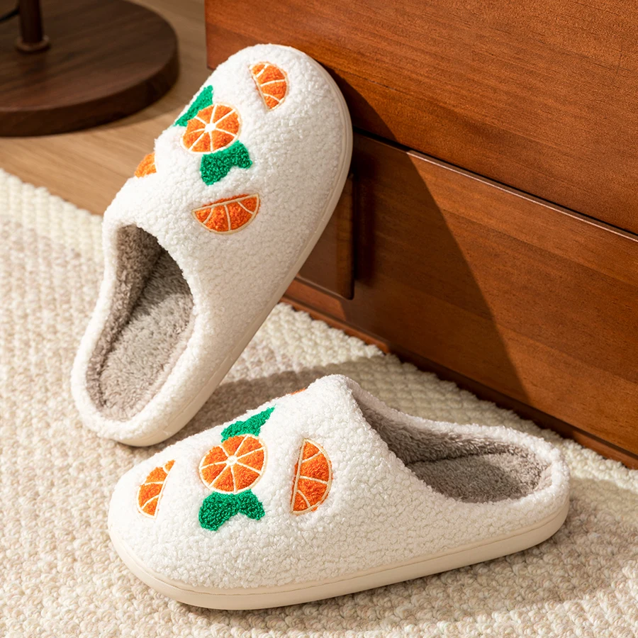 الترفيه المنزل غامض الفاكهة الكرتون المرأة النعال البرتقال نمط الشتاء داخلي دافئ مريح لطيف غرفة نوم الأزواج لينة وحيد الأحذية
