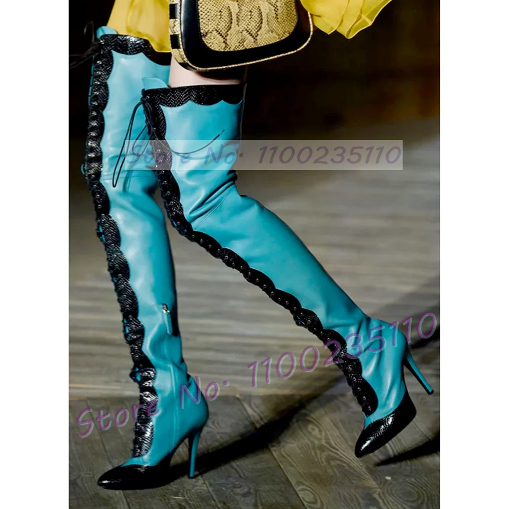 Sexy Lace Up Slim Over Knee Boots Women Classy Pointy Toe Lace Decor Shoes Female Stylish Runway Mixed Colors Catwalk Tall Boots