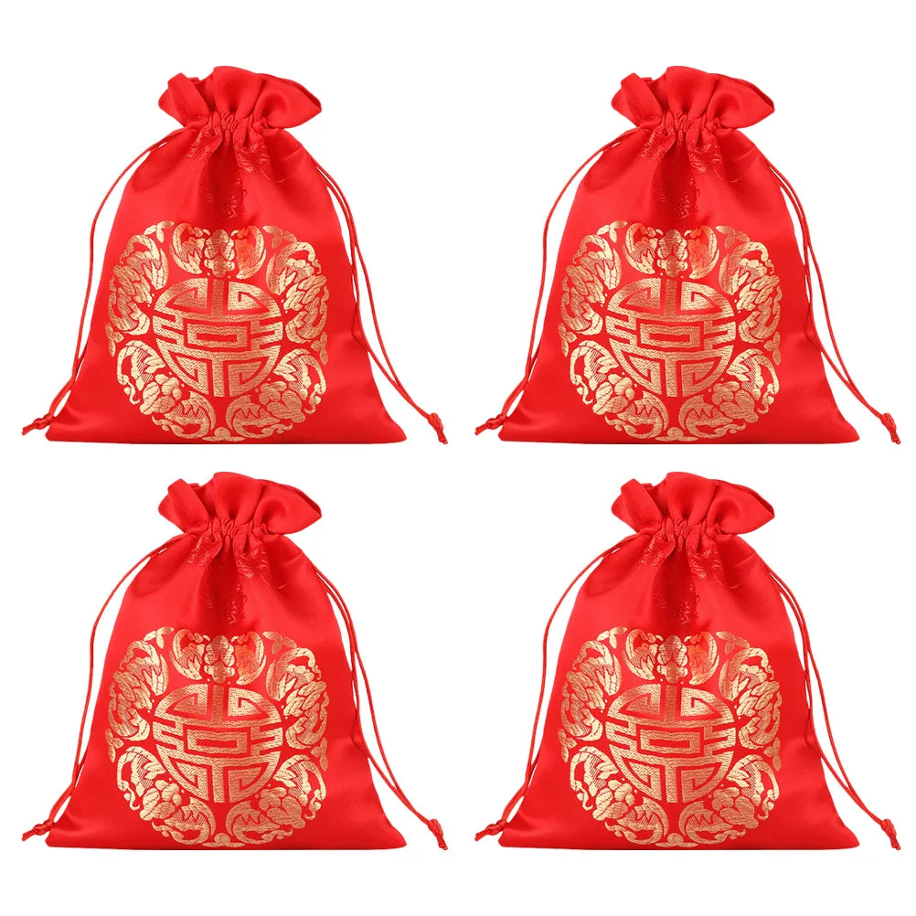 4pcs Red Brocade Drawstring Gift Bags with Gold Fortune Symbols for Chinese New Year Wedding Candy Packaging