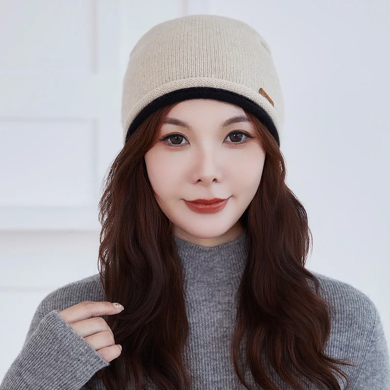 MVLYFLRT 100% Pure Goat Cashmere Knitted Hat A-Class Men And Women Winter Warm Ear Protection Soft Fashionable Rolled Edge Cap
