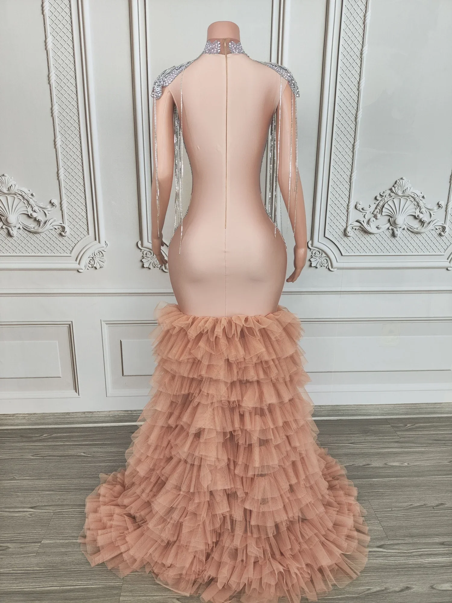 Birthday outfit Rhinestone Elegant Tassel Evening Dress Party Stage Outfit Elastic Gown Sheer Mesh Sexy Luxury Long Dress