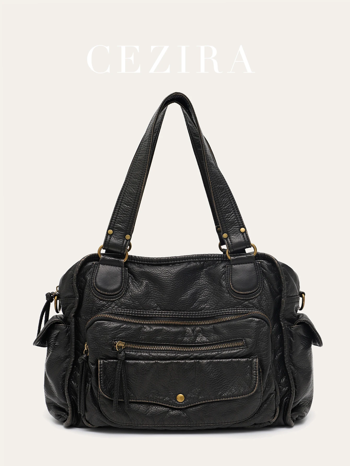 

CEZIRA Women's Washed PU Vegan Leather Handbag Multi Pockets Shoulder Crossbody Bag Unisex Retro Large Tote Casual Cool Street