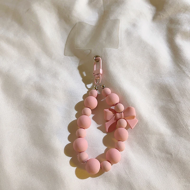 Sweet Pink Bow Beaded Keychain Mobile Phone Chain Earphone Bag Charms Anti-lost Rope Car Keyring Backpack Pendant Jewelry