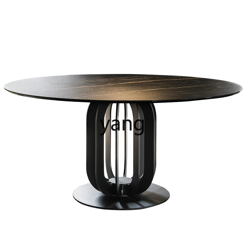 

Lmm minimalist rock slab round table with turntable, household Nordic light luxury marble dining table