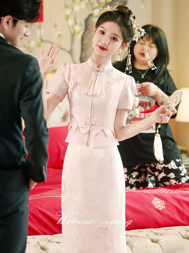 

2025 New Pink Wedding Dr Chinese Sle Qipao Engagement Evening Gown Dr Set Vintage Sle Mid-Length Slim Fit Polyester...