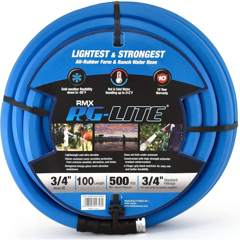 

AG-LITE BSAL34100 3/4" x 100' Hot/Cold Water Rubber Garden Hose, 100% Rubber, Ultra-Light, Super Strong, 500 PSI