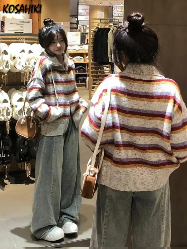 New Double Zippers Japanese Sweaters Women Autumn All Match Y2k Aesthetic Jumpers Vintage Loose Striped Contrast Color Cardigans