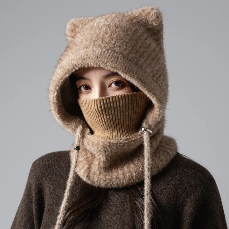 

Новые зимние плюшевые шапки-бомберы с милыми медвежьими ушками для женщин и мужчин, теплая защита шеи для отдыха на природе, интегрированные шапки-балаклавы