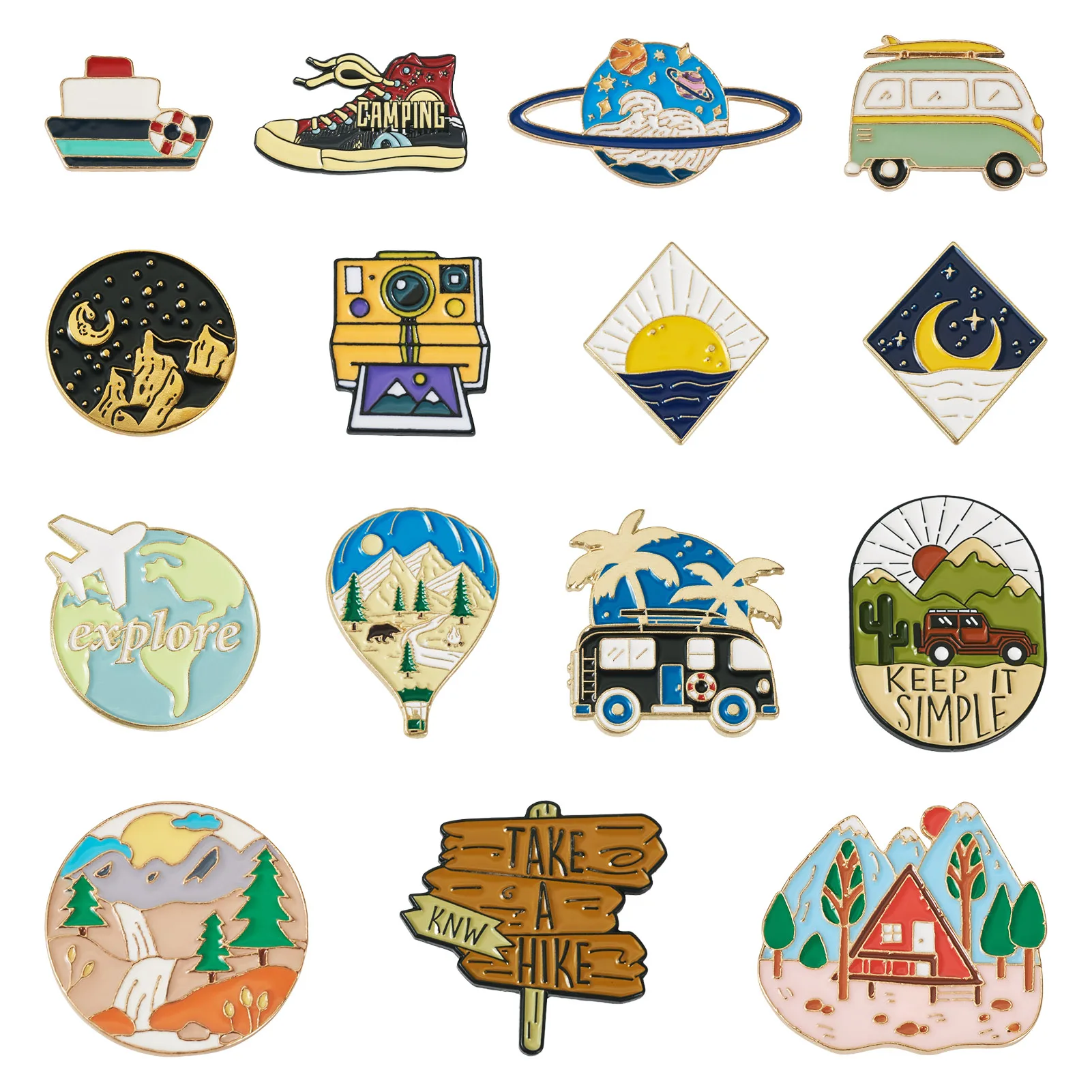 

15Pcs Mix Outdoor Style Enamel Pin Airplane Bus Boat Explore Light Gold Color Alloy Brooch for Backpack Clothes Decorate