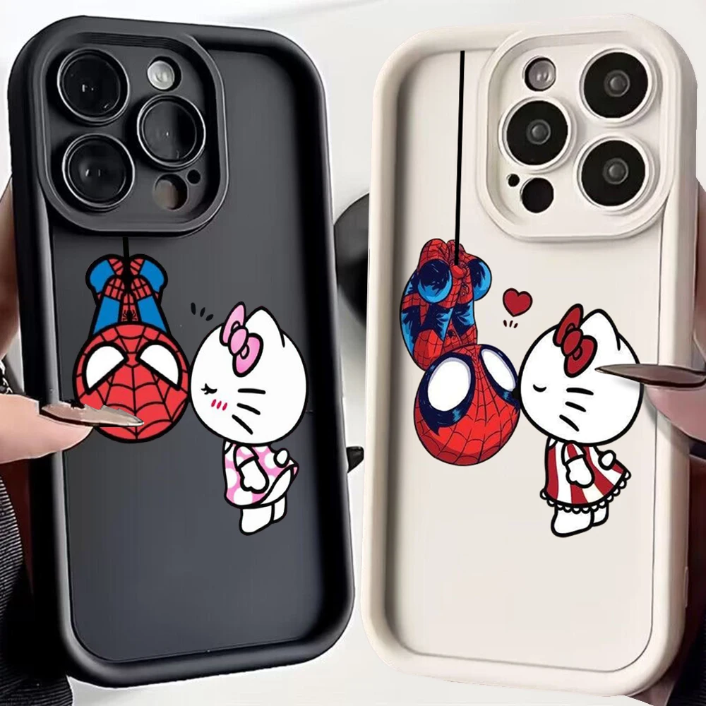 Hello Kitty kisses Spiderman Phone Case for OPPO Realme 12 C11 C12 C15 C20 C21Y C31 C33 C35 C53 C55 5G Cover With Hand Strap