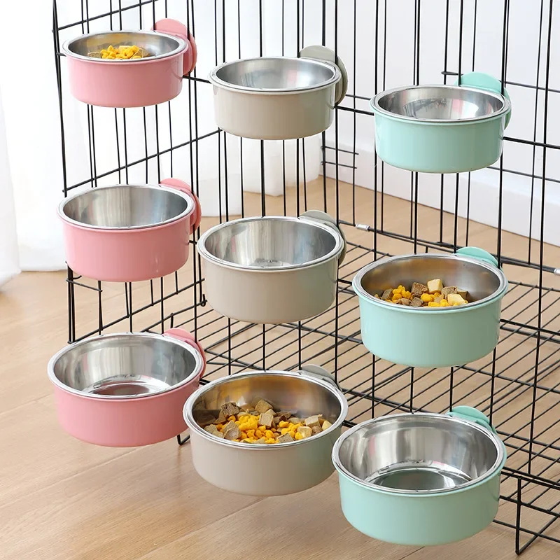 Aço inoxidável Dog Bowls Alimentador Gaiola Pendurado Pet Cat Bowl Dispensador De Água Dog Food Container Cat Bowls para Puppy Dog Supplies