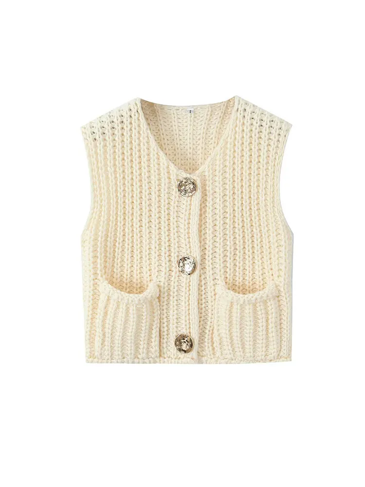 TRAF 2024 Autumn Women Knitted Tops Sleeveless Pocket Decoration Single Breasted Casual Vest Top Woman Solid Short Vest