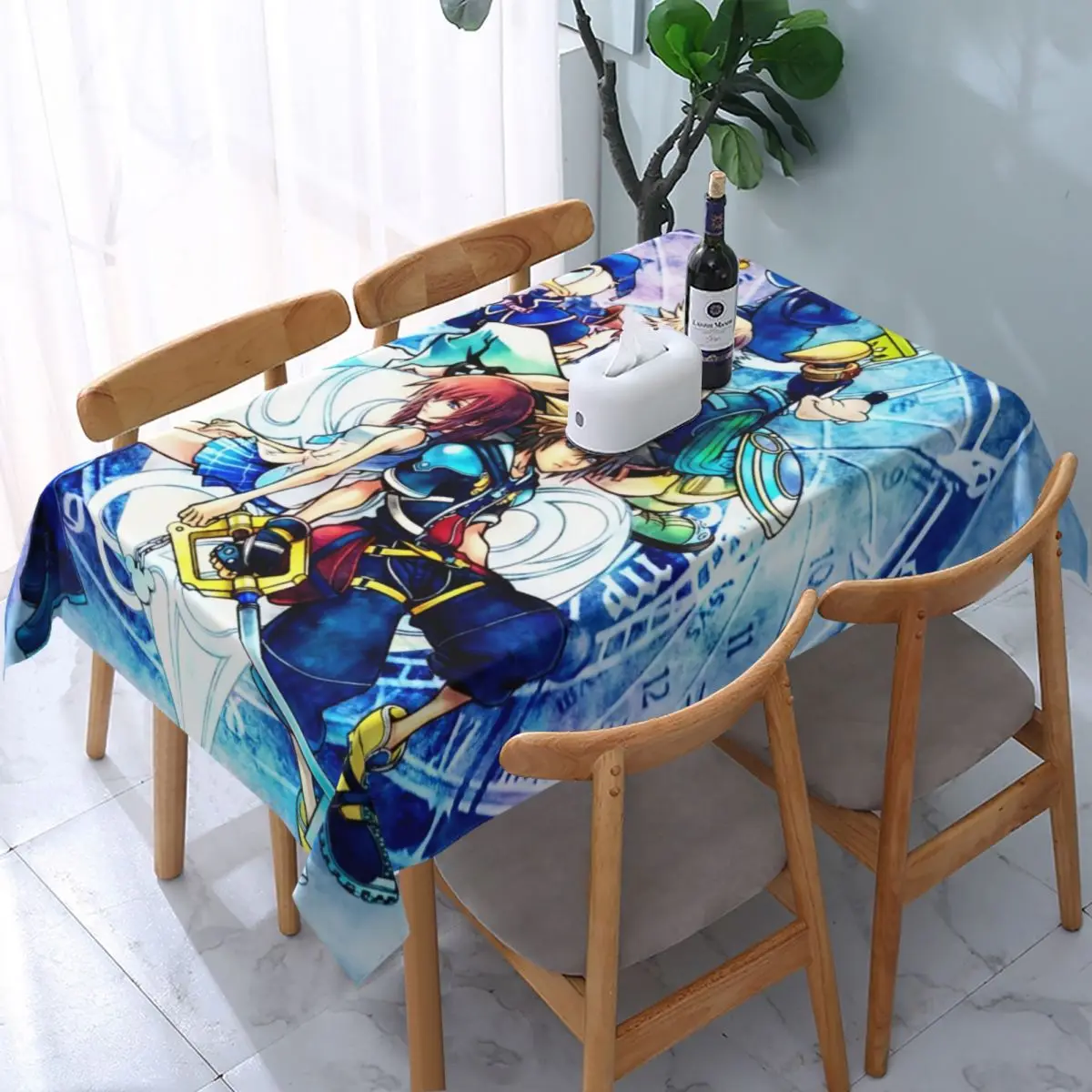 Custom Rectangular Fitted Disney Kingdom Hearts Box Art Table Cloth Waterproof Tablecloth Table Cover Backed with Elastic Edge