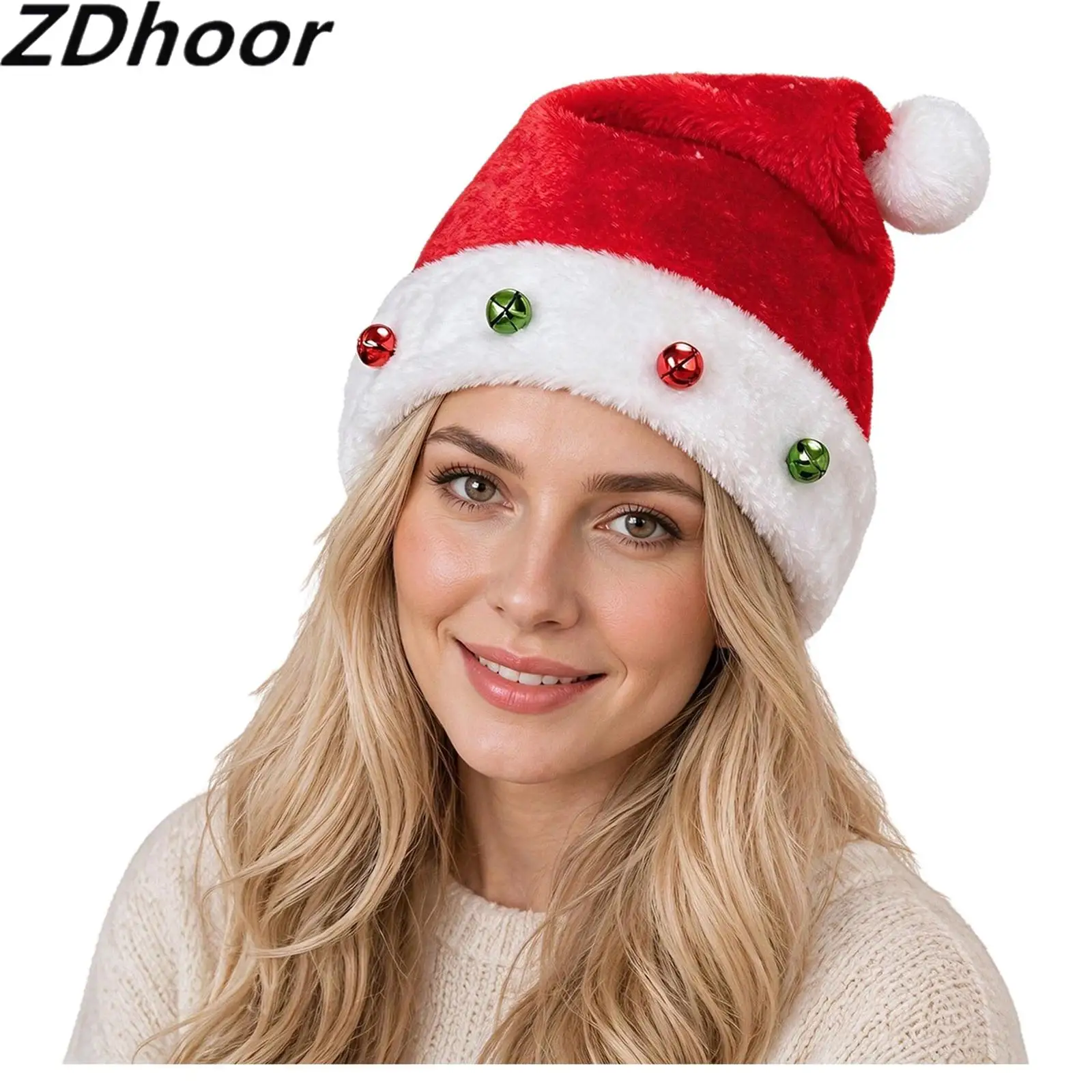 Gorro de Papá Noel de terciopelo con ribete blanco, pompón y cascabeles, ideal para decorar fiestas navideñas y celebraciones de Año Nuevo.