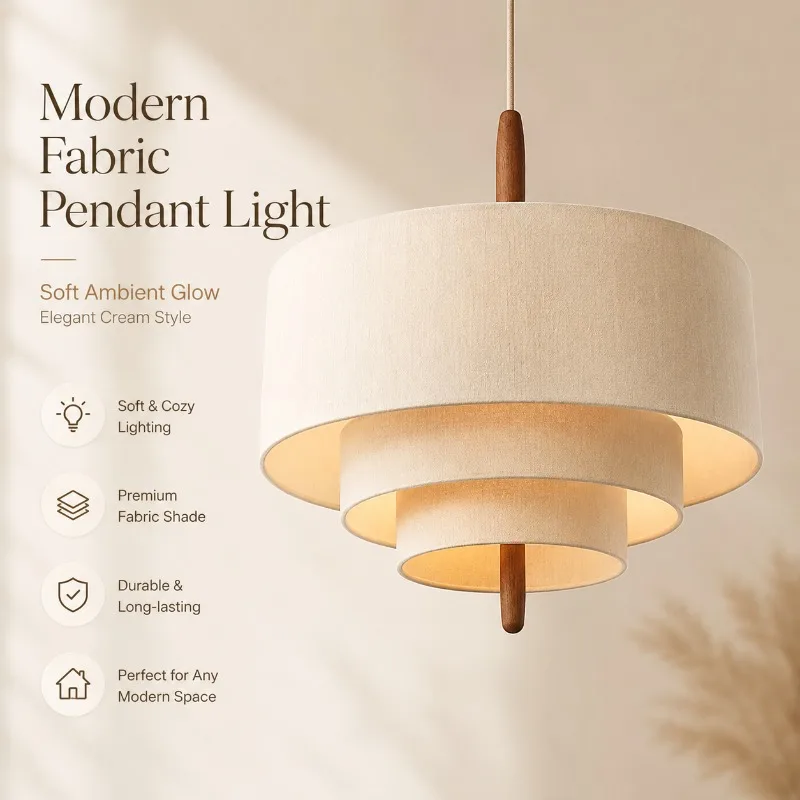 Wabi Sabi Pendant Light Fabric Shade Full Spectrum Eye Caring Chandelier for Living Room Bedroom Dining Room Home Pendant Light