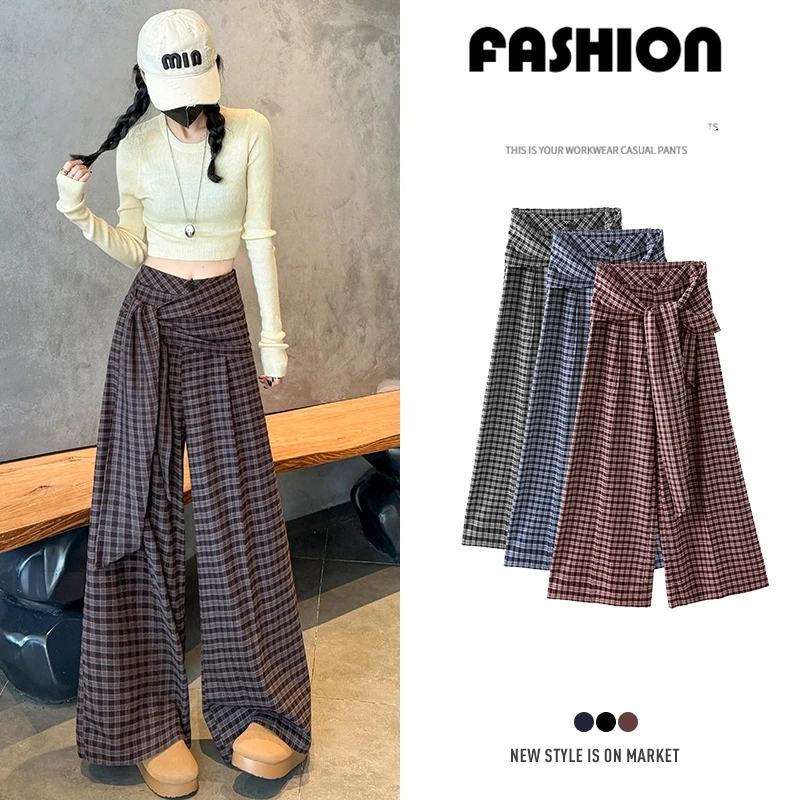 Vintage Plaid Women's Trousers 2025 Autumn Winter Loose Plus Size New High Waist Wide Leg Pants Casual Full Length Female Capris