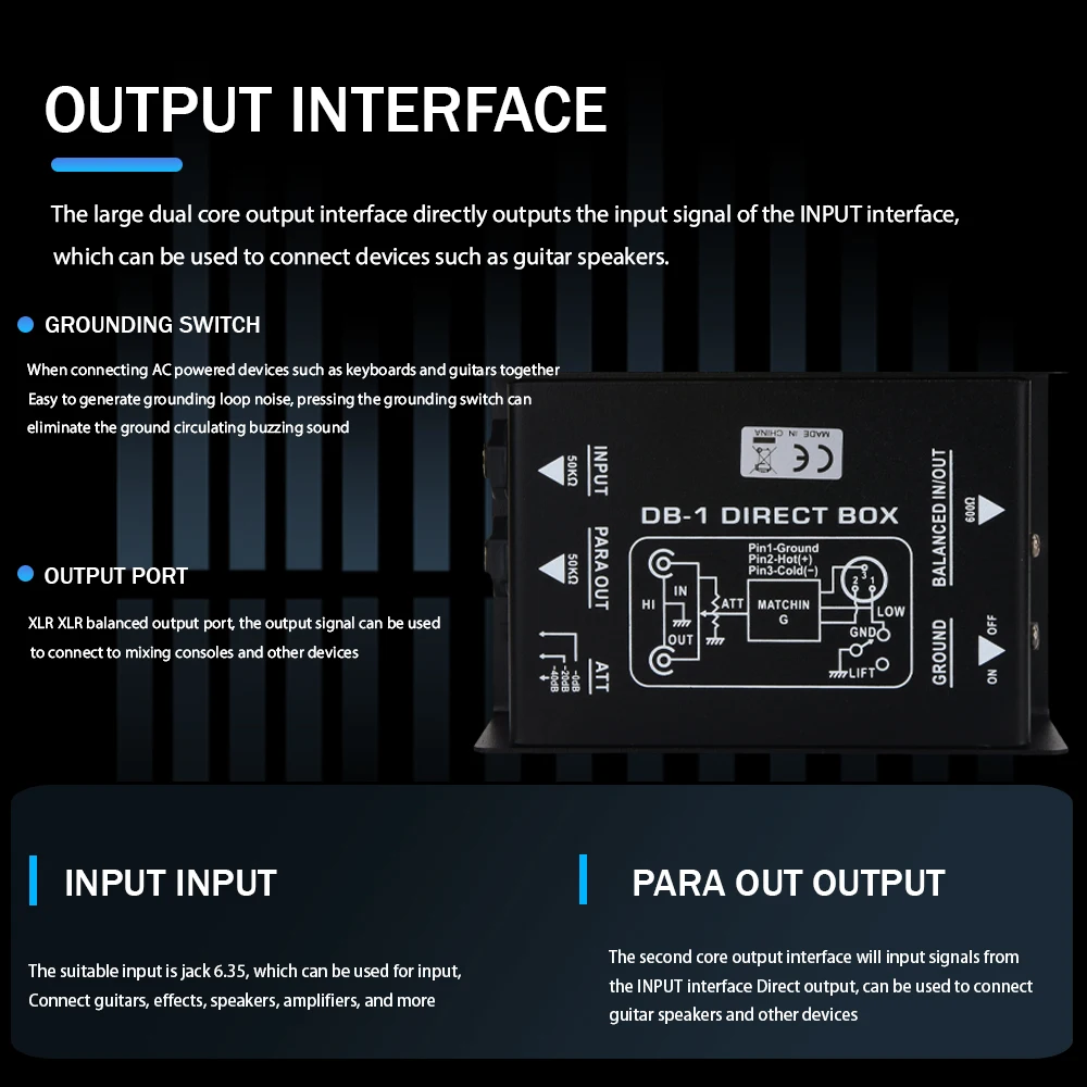 صندوق DI الصوتي السلبي 1-2 قناة، نظام صوت أحادي DI صندوق توصيل مباشر منخفض الضوضاء، مضخم صوت، مكبر صوت، جيتار، باس